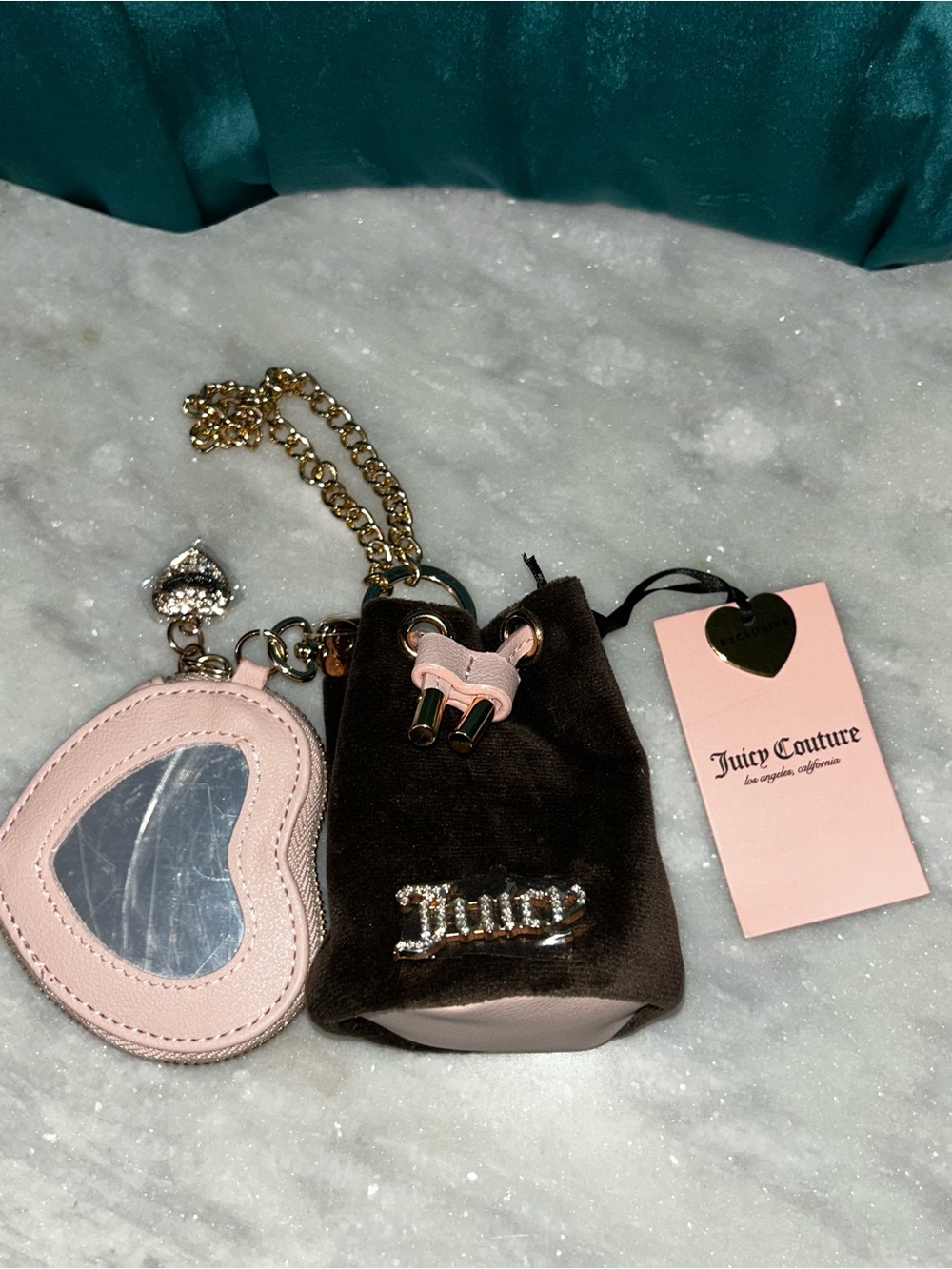 Juicy Couture Pink & Brown Kids Velvet Keychain Pouch with Heart Mirror Charm